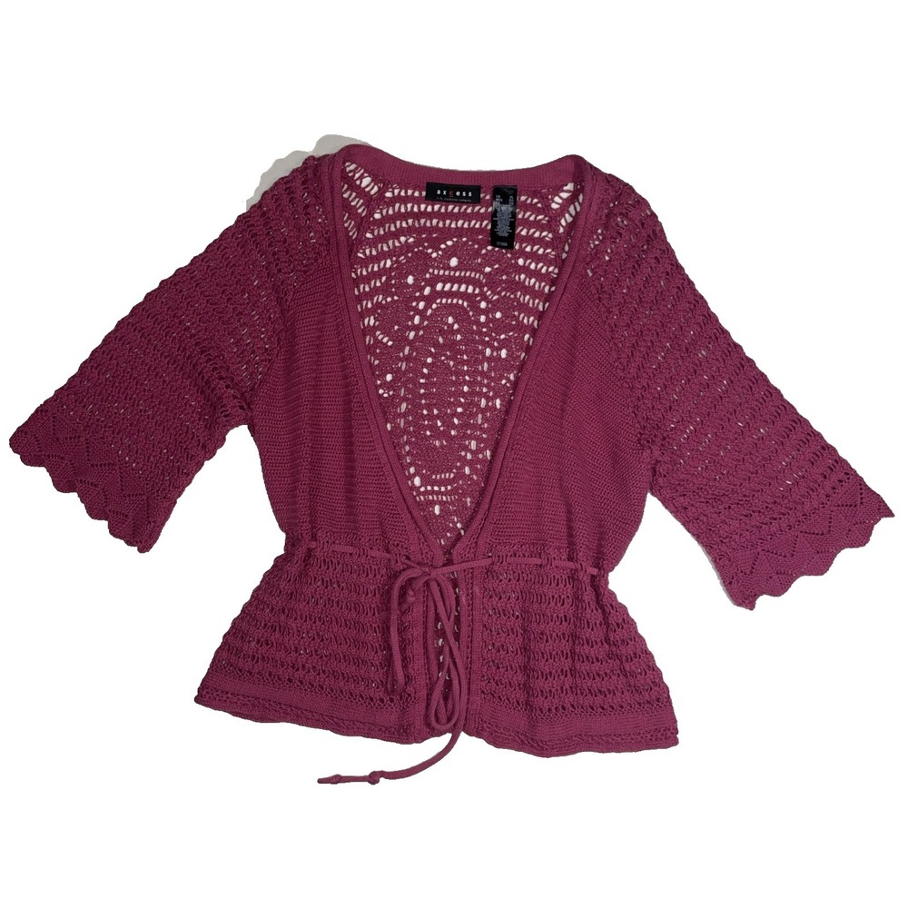 Axcess Purple Knit Boho Y2K Cardigan 3/4 Sleeves with Tie Womens Size XL